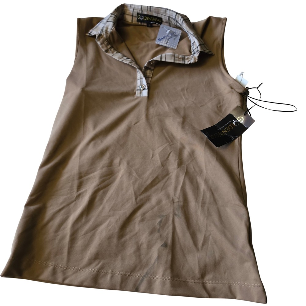 Goldenwear Women Tan Sleeveless Golf Polo Top Plaid Collar Quick Dry Small